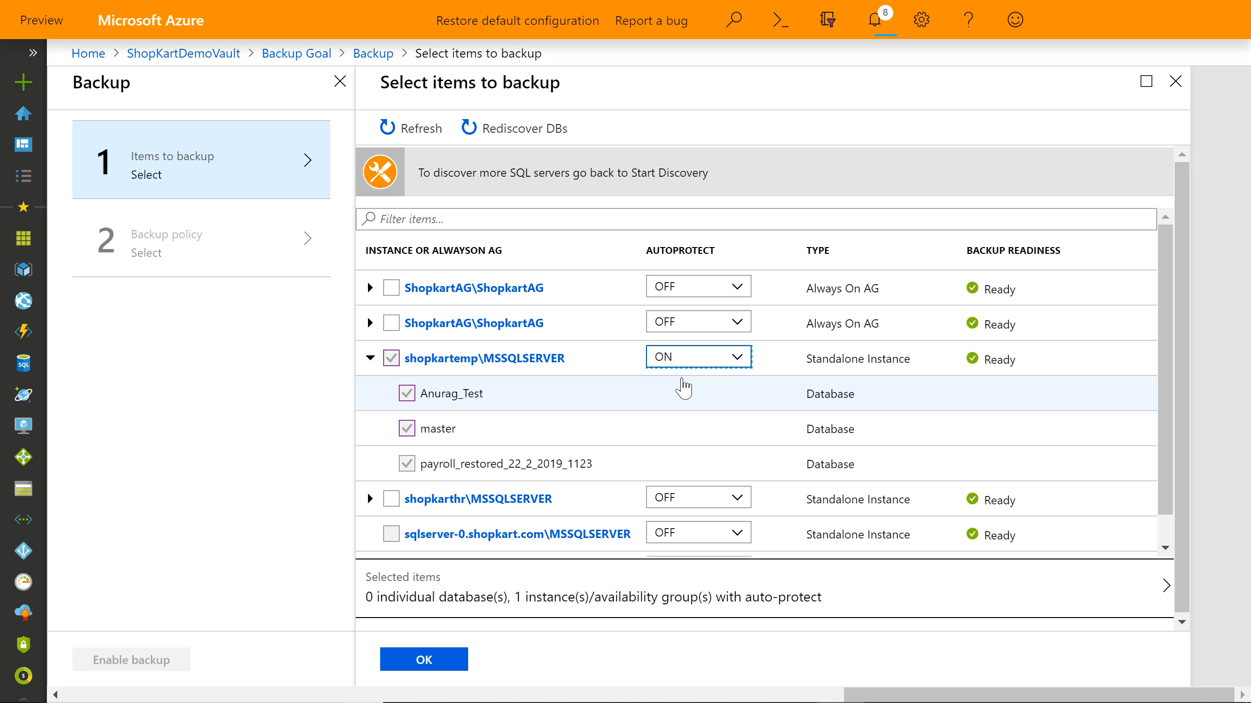 Azure portal with ‘Configure Backup’ blade open inside the vault view and listing SQL Servers.