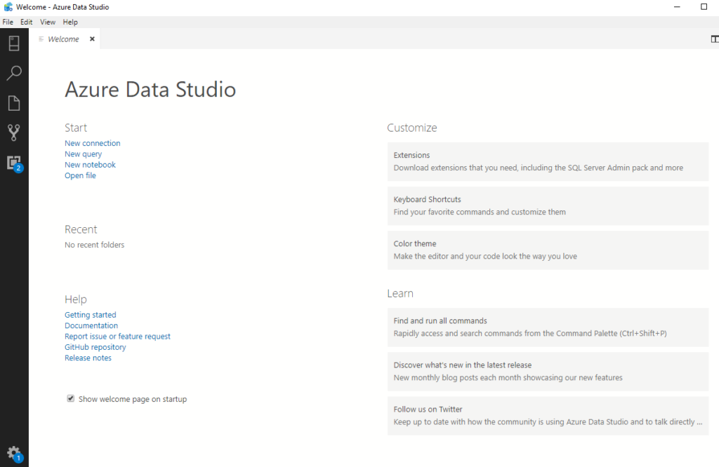 Welcome page in Azure Data Studio.