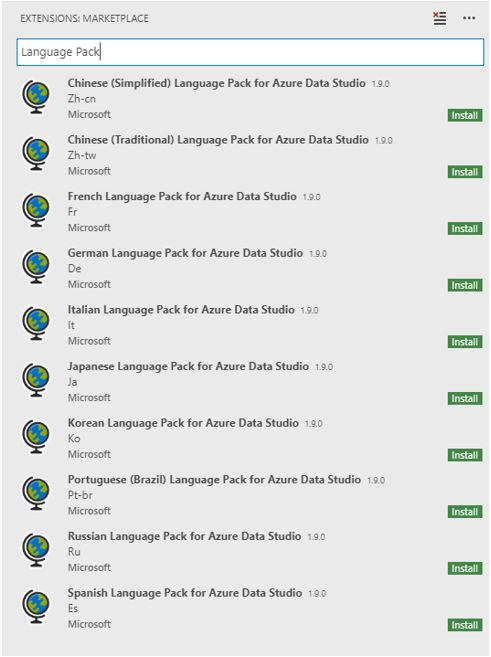 Language Packs can be found using the extension marketplace in Azure Data Studio.
