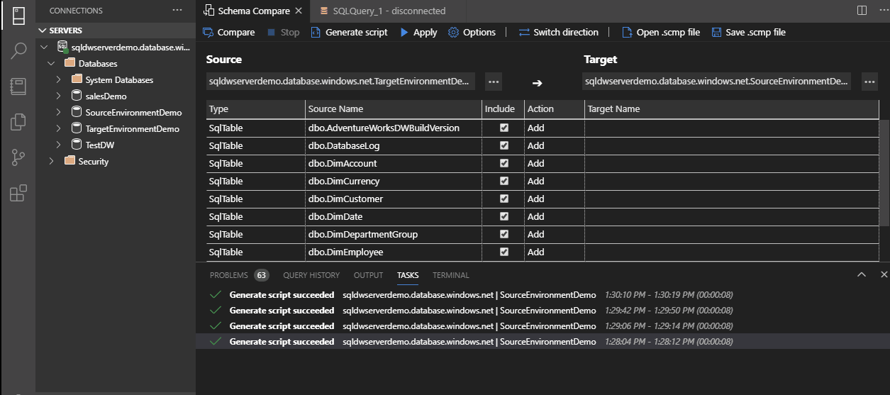 Using Schema Compare to generate change scripts in Azure Data studio.