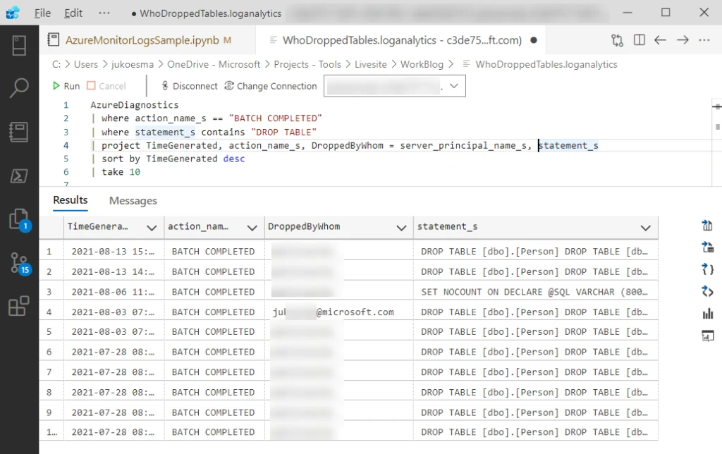 exploring a Log Analytics workspace to find out “who dropped my tables?”