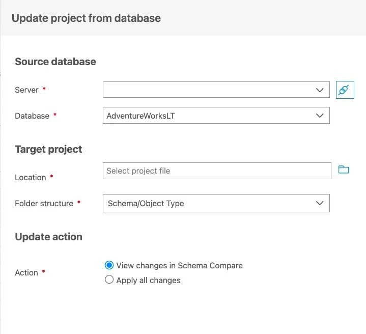 Snapshot of the dialog for updating a project from a database when launched from a database dashboard