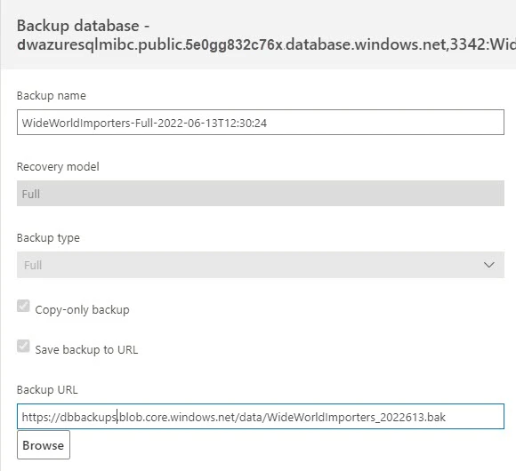 A screenshot of the Backup via URL GUI on Azure Data Studio.