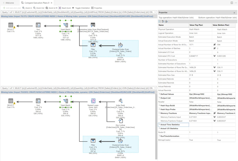 A screenshot of the Query Plan (preview) feature showing a side-by-side comparison of plans.