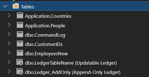 Screenshot of the Object Explorer in Azure Data Studio showing the icon for Ledger Objects.