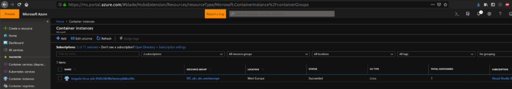 container created in the Azure portal