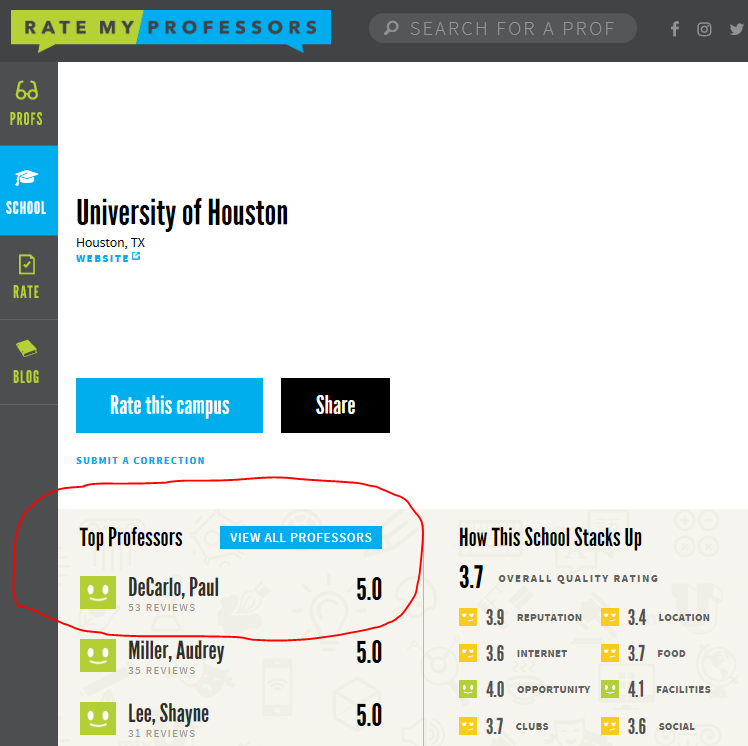 Rate My Professor ranking of 5.0