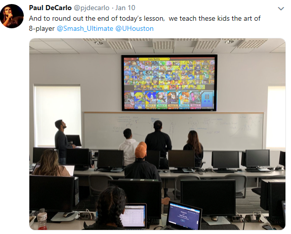 Twitter image of student playing Smash Bros game