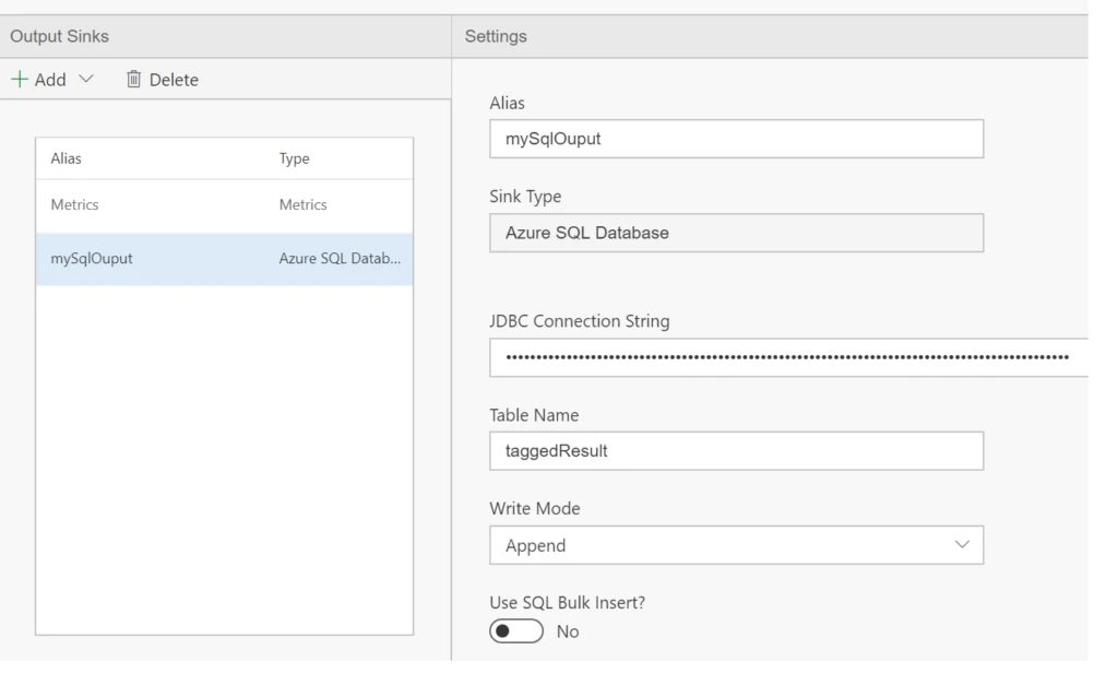 a screenshot of adding Azure SQL Database as an output sink