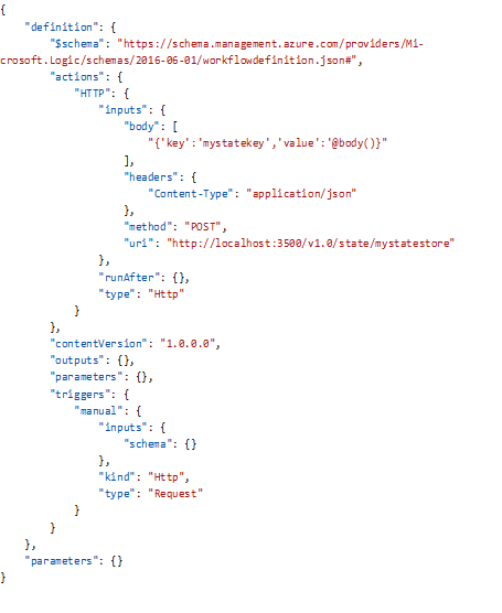 WorkflowTopic.json shows how a workflow is triggered by an input binding and then calls Dapr state management