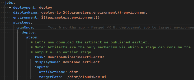 a screen shot of code for azure pipelines deployment jobs