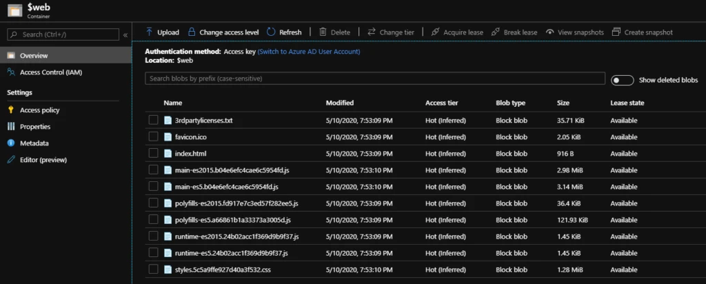 a screenshot of azure storage static website