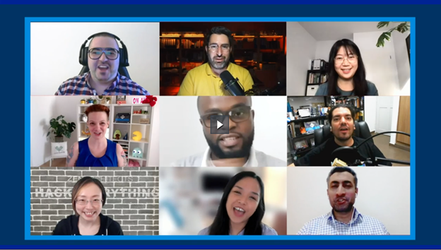 A video thumbnail with nine faces of developers smiling at the camera