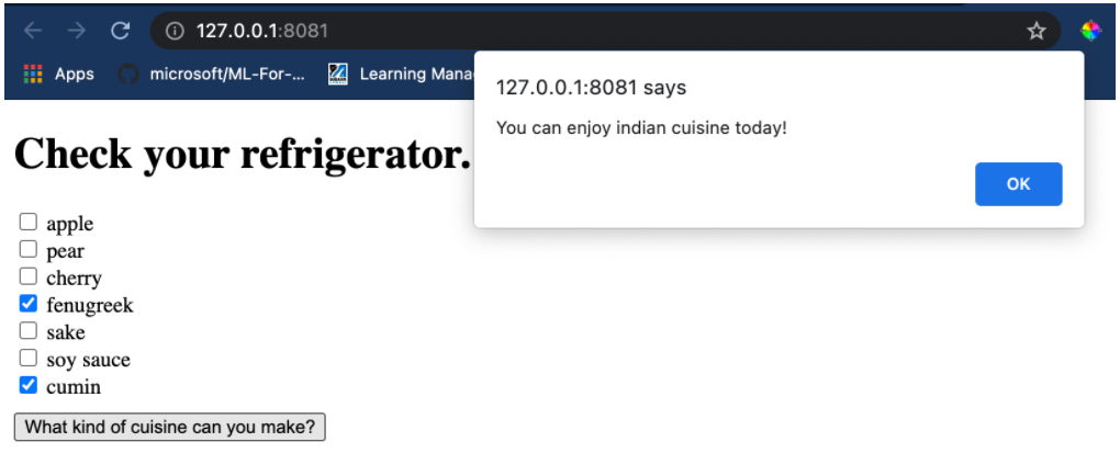 Figure 6: A cuisine recommender web app with ORT Web.