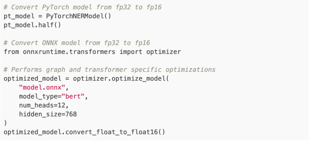 Code snippets that convert the PyTorch model from fp32 to fp16, and optimizes and converts an ONNX model from fp32 to fp16