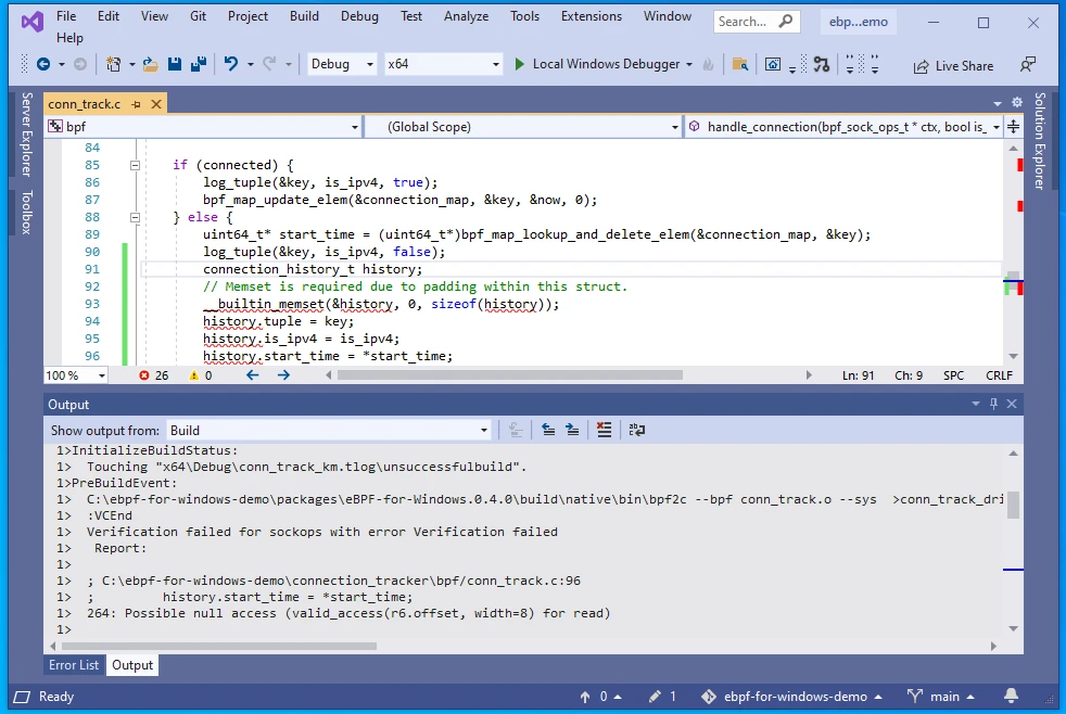 Visual Studio IDE showing integration of verifier output during the build process.