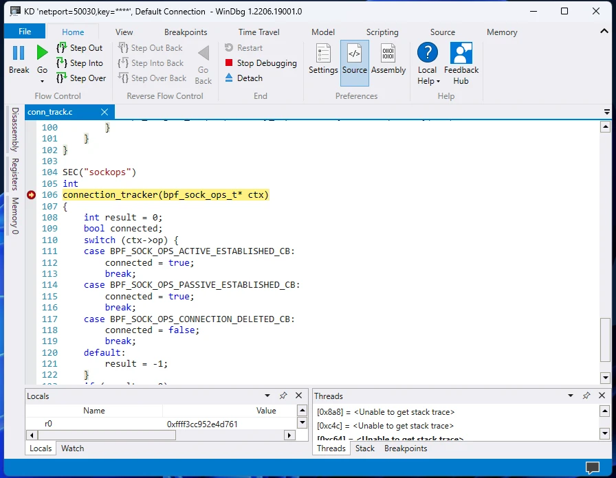 Windows Debugger showing source level debugging of an eBPF program with breakpoint at start of program.
