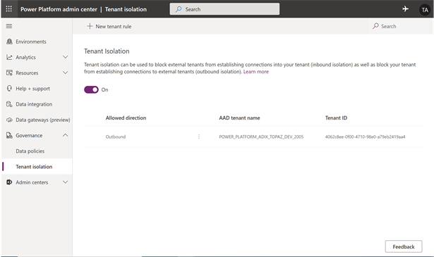 New Power Platform admin center functionality depicting tenant isolation configuration. 