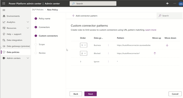 New data loss prevention policy configuration in the Power Platform admin center. 