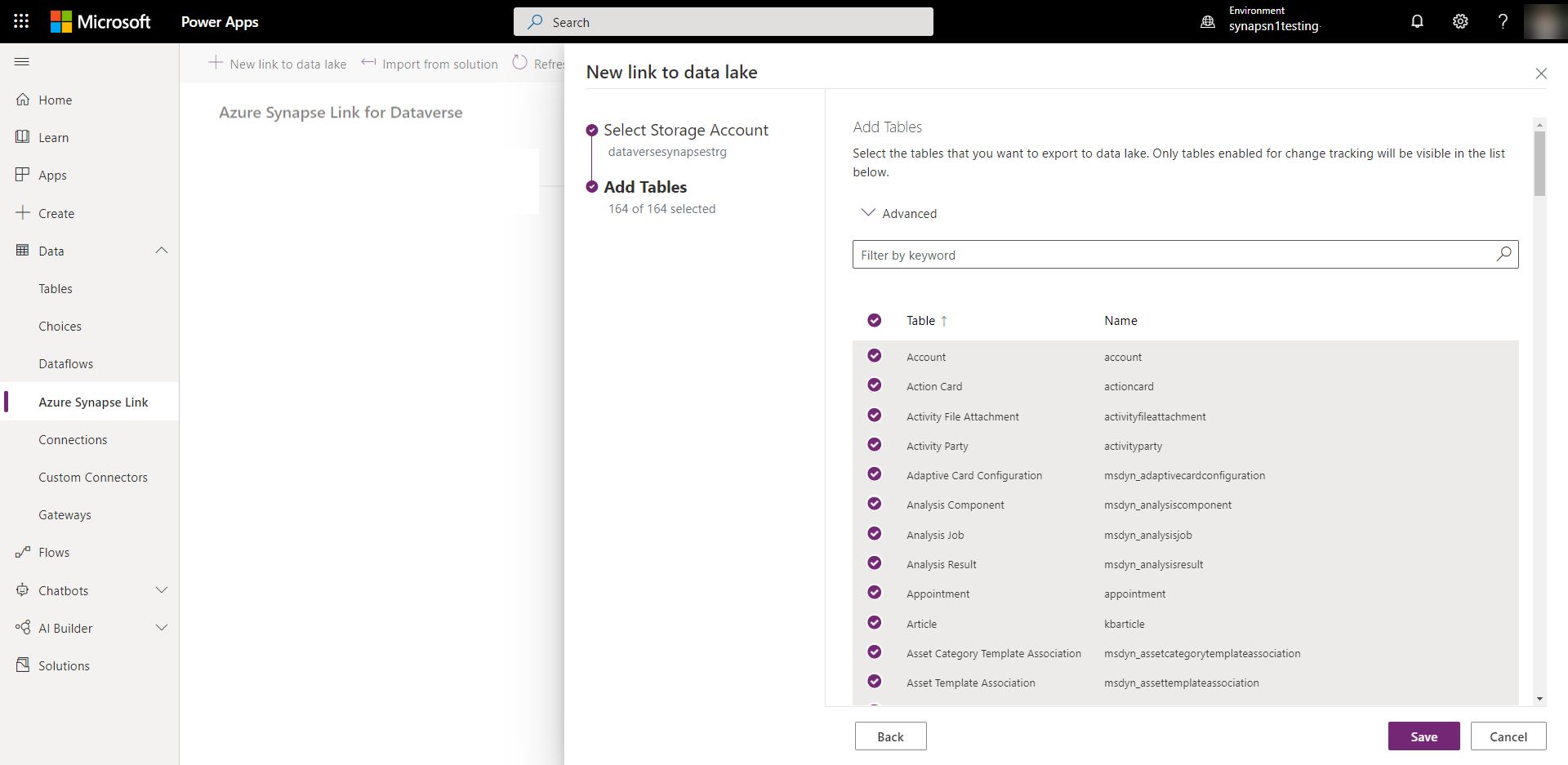 Select the Dataverse Tables with the data you want to push to Azure Synapse