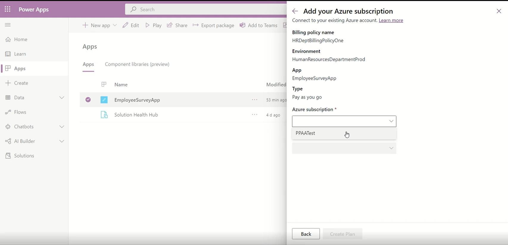 Figure 4: Microsoft Power Apps pay-as-you-go with Azure subscription