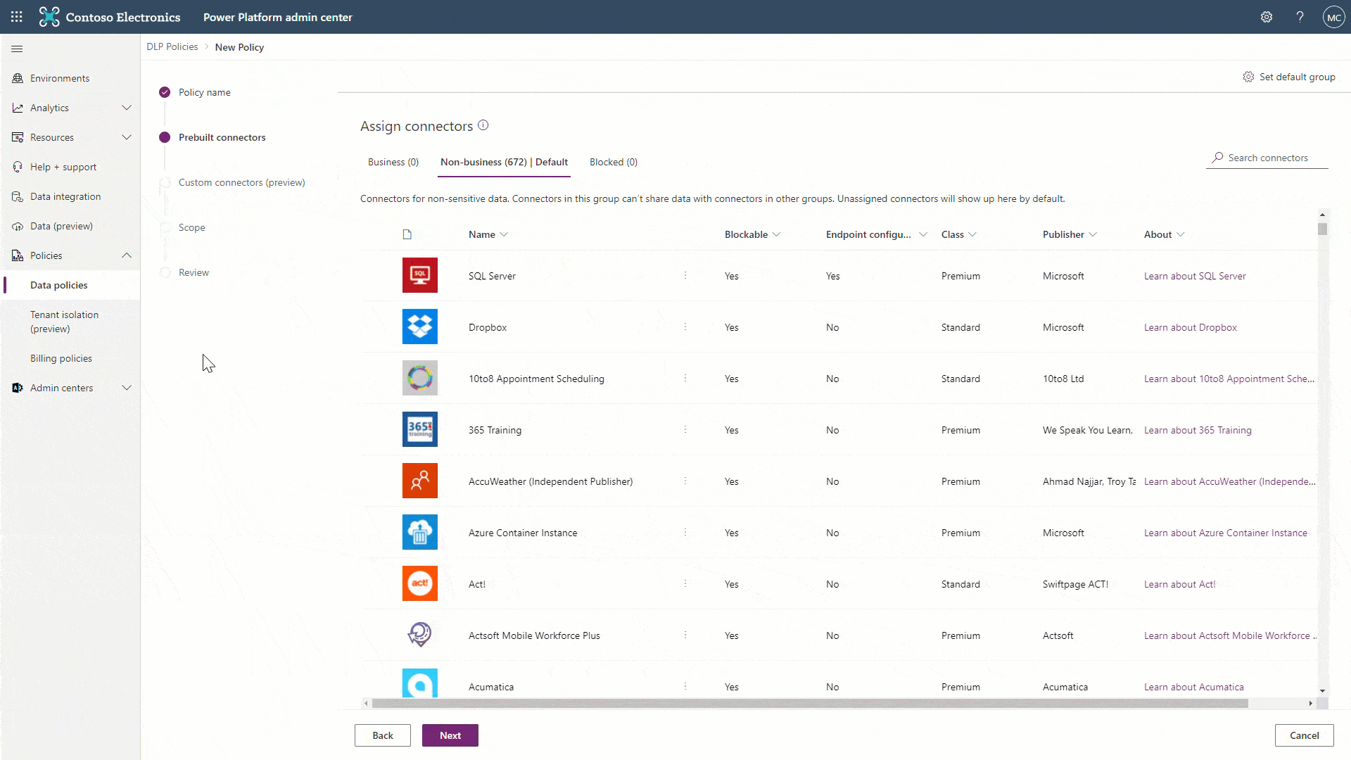 Animation depicting how to block the “Delete row (V2)” action for the “SQL server” connector.