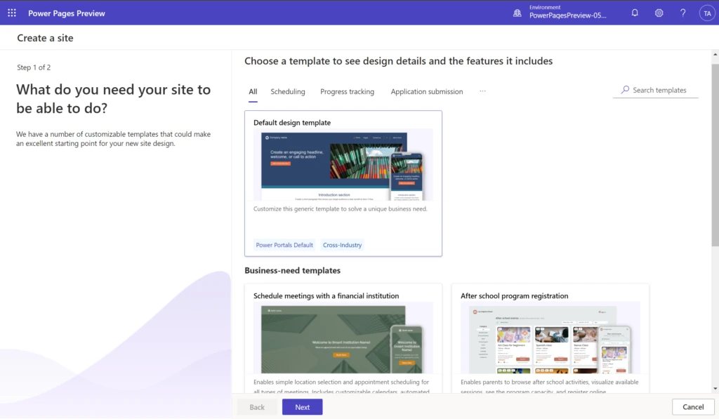 Microsoft Power Pages' solutions templates.