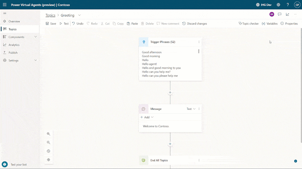 Microsoft Power Virtual Agents re-designed authoring canvas.