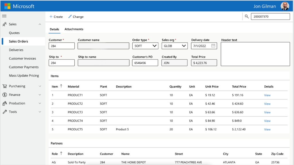 Showing a Power App that has pulled through SAP data such as sales orders and item breakdowns.