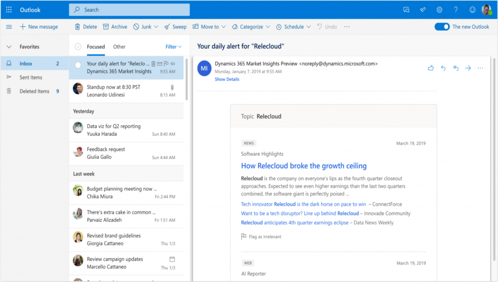 Microsoft Dynamics 365 Market Insights alert email.