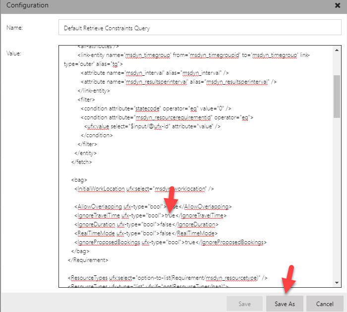 Modify your retrieve constraints query by changing the default value for the advanced settings. Using "IgnoreTravelTime" as an example, just change the default from "false" to "true"