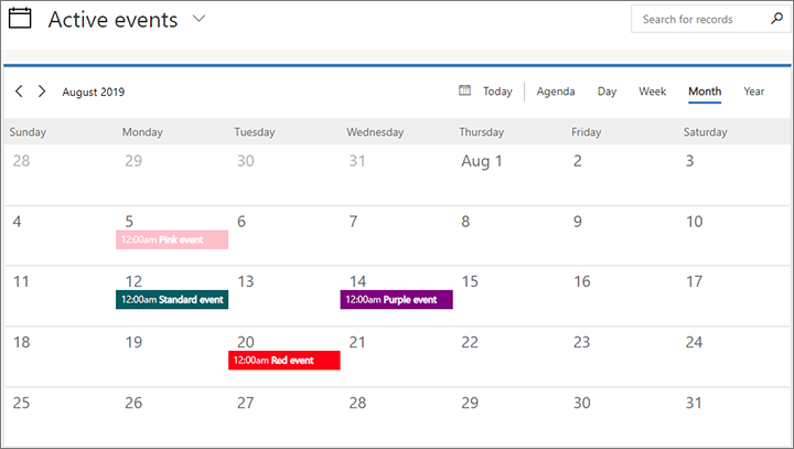 Marketing calendar with colored events
