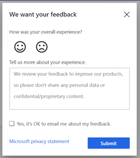 an image of the dialog box used for providing feedback to the Dynamics 365 Customer Insights team