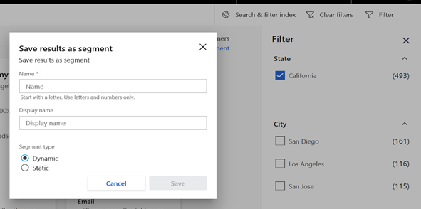 an image showing the dialog box for saving the results of a customer filter as a segment