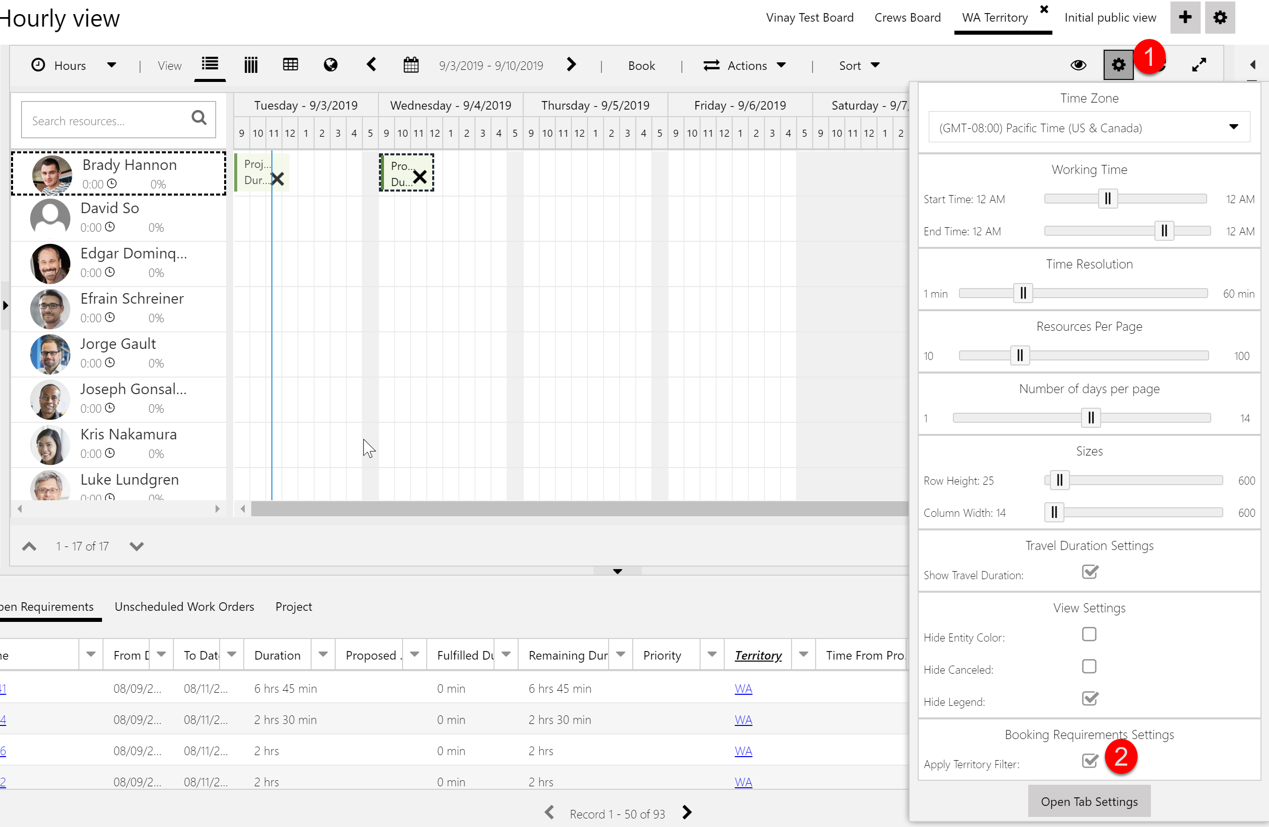 Apply filter terrirory setting under the setting icon on the schedule board