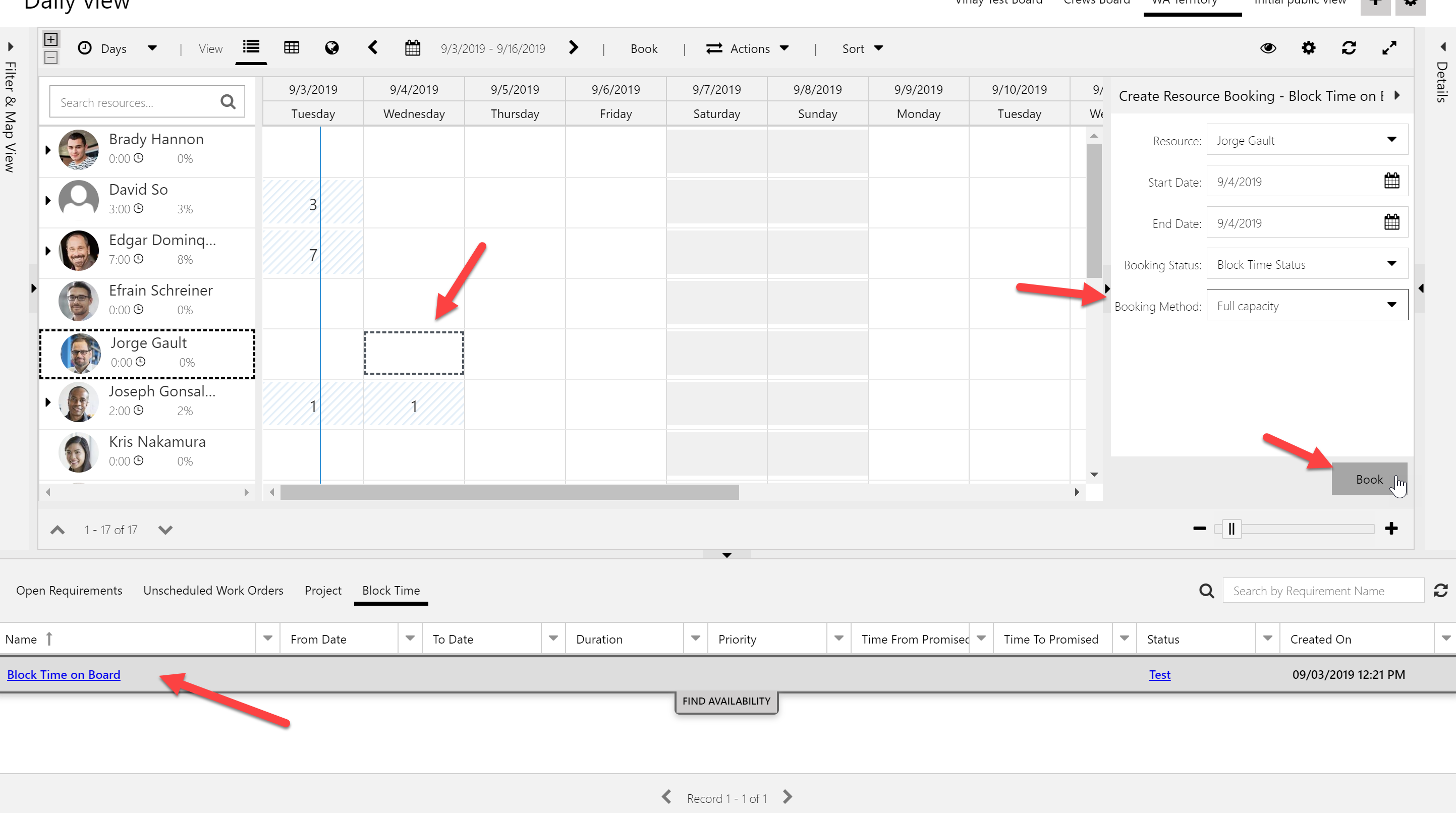 On the daily schedule board, selecting the "block time" requirement, the day I want to block, and changing the booking method to full capacity and booking it