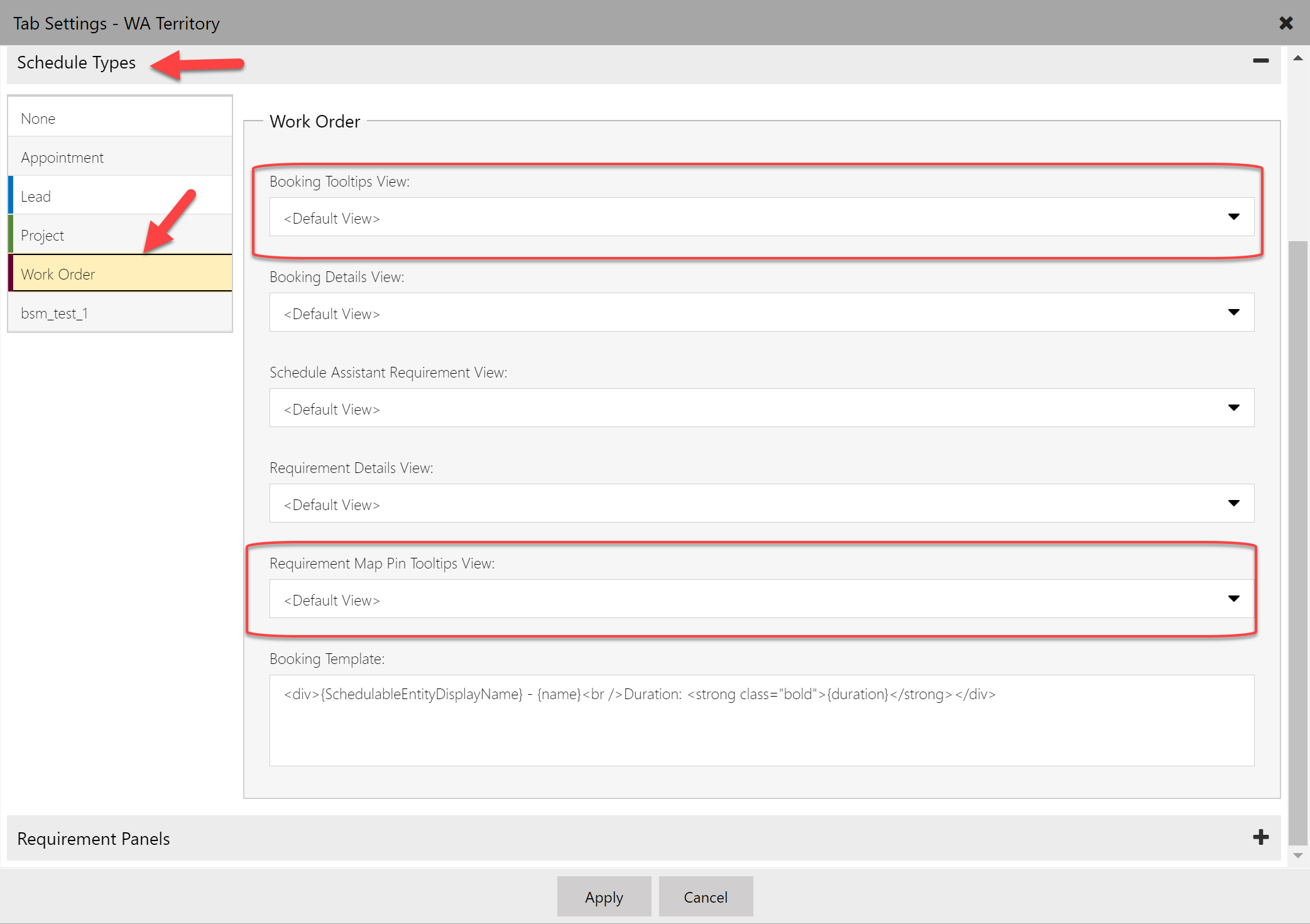 Schedule board settings in the schedule types section allowing you to change the view driving the tooltips for bookings and requirements.