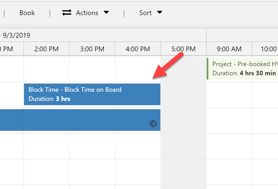 Booking showing on the board created for blocking time