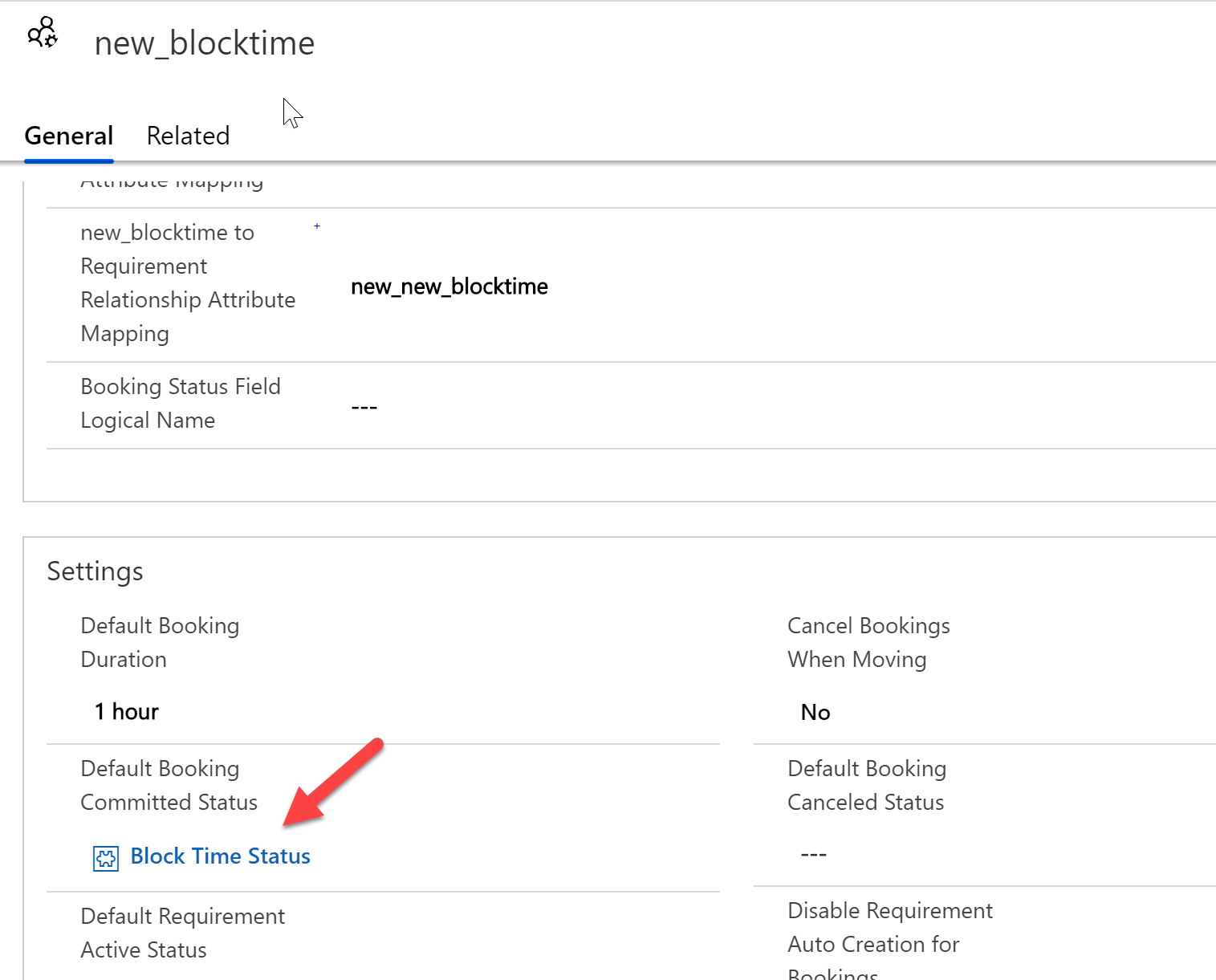 Changing the default booking status on the booking setup metadata record to the "block time status"