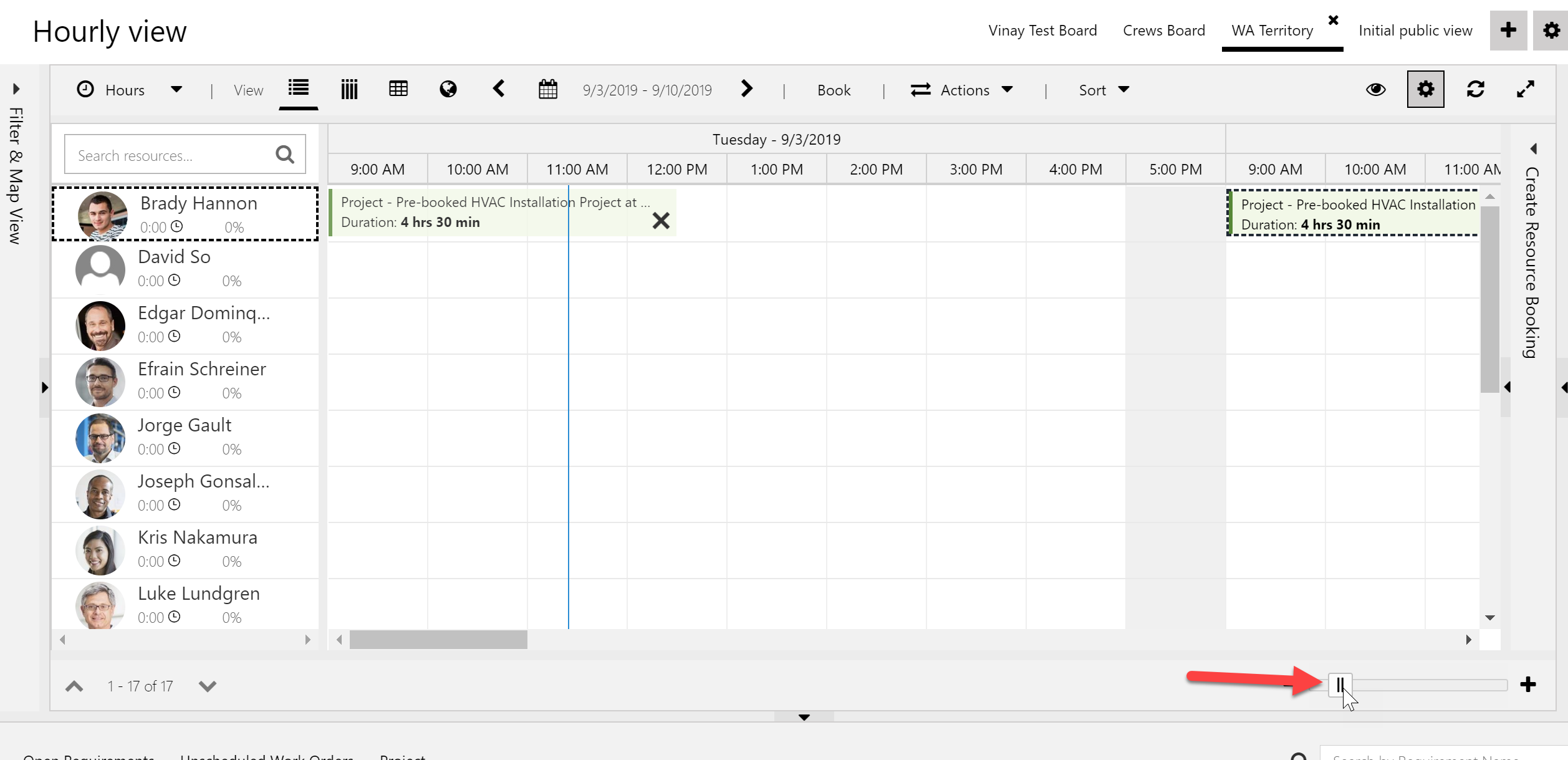 Screenshot of pixel slider on bottom schedule board toolbar to see more text on bookings