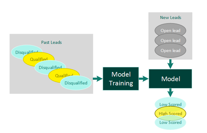 Example flow chart of Sales Insights scoring leads across campaign types using machine learning to detect important features.