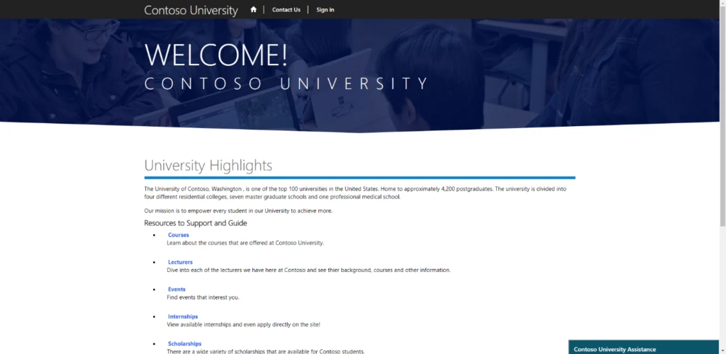 Student Portal highlighting resources such as courses, lectures, events, internships and scholarships.