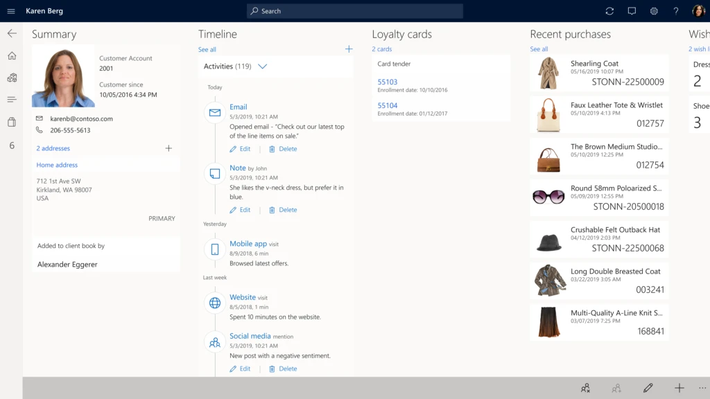 Dynamics 365 Commerce displaying the overview page with a customer’s recent activities.
