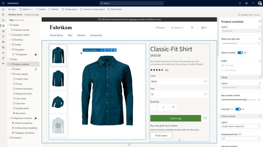 Dynamics 365 Commerce with a customizable class-fit shirt.