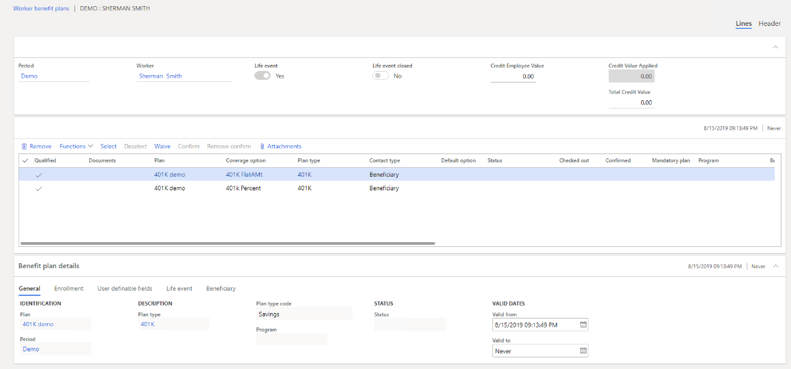 Demo display of 401k coverage for Sherman Smith within Dynamics 365 Human Resources.