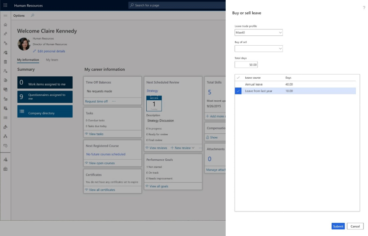 Team member’s dashboard view within Dynamics 365 Human Resources of buying and selling leave.
