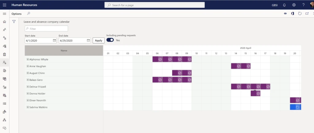 Calendar view within Dynamics 365 Human Resources showing multiple team member’s calendars. 