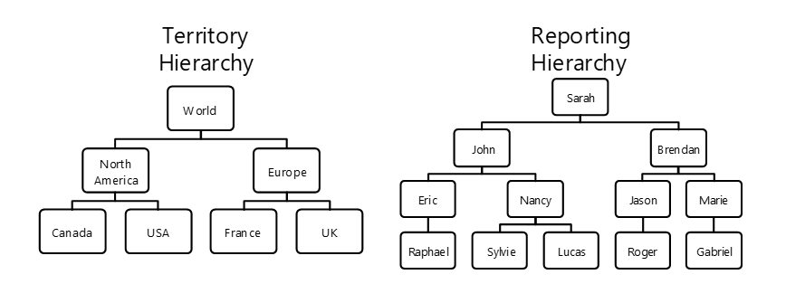 The schema shows examples for two kinds of hierarchies. One is by territory – for example World, North America, USA and Canada. And the other is Reporting Hierarchy – for example Eric reports to John and John reports to Sarah.