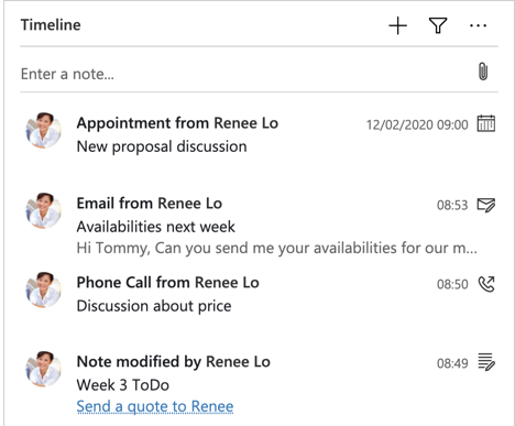 Activity timeline of a Dynamics Contact.