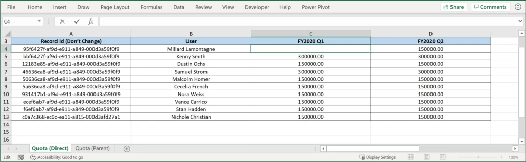 Uploading quotas with Excel.